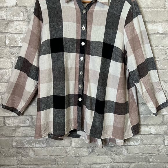 Soft Surroundings Women's Large Carreaux Plaid Linen Blend Back Zip Blouse Beige - Picture 5 of 12